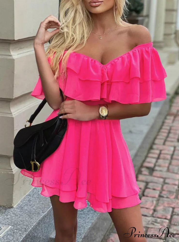 Women’s V-Neck Off Shoulder Ruffle Fit Flare Dress S / Fuchsia Dresses