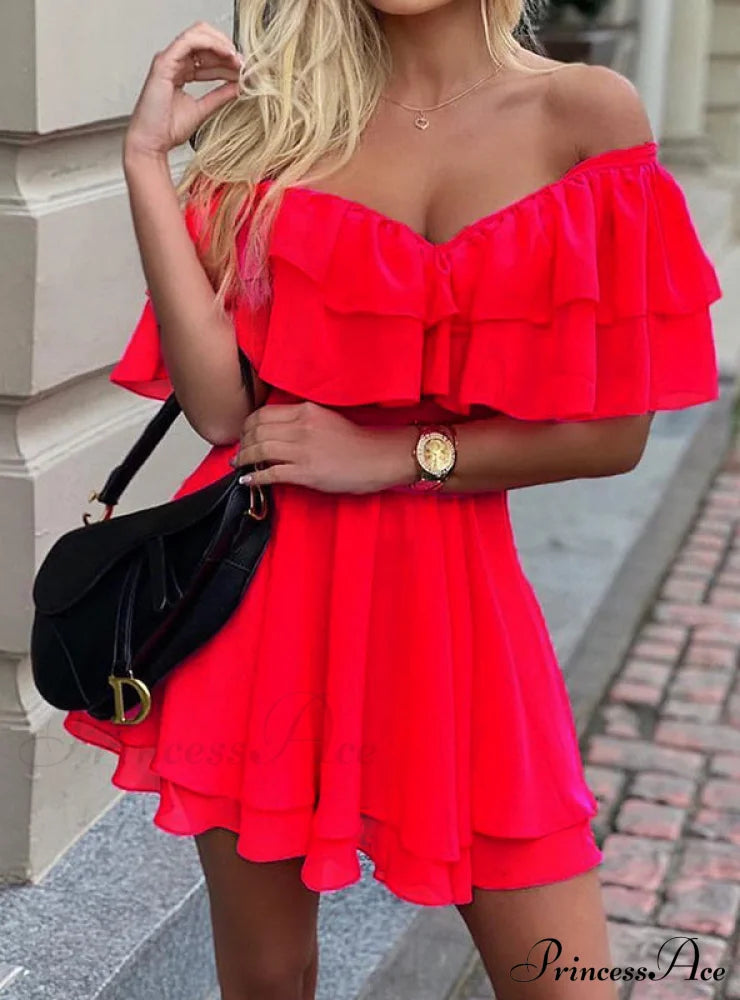 Women’s V-Neck Off Shoulder Ruffle Fit Flare Dress S / Red Dresses