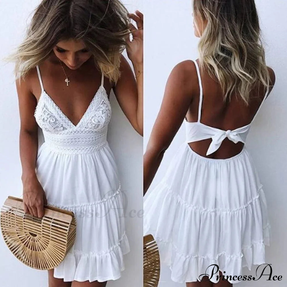 Womens V-Neck Spaghetti Strap Bowknot Backless Lace Mini Swing Skater Dress