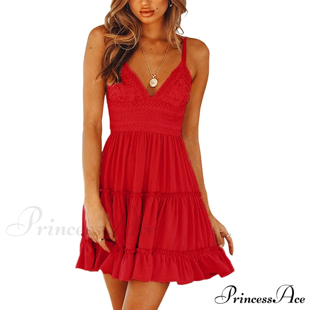 Womens V-Neck Spaghetti Strap Bowknot Backless Sleeveless Lace Mini Swing Skater Dress Red __stock:200 casual dresses clothes dresses refund_fee:1200