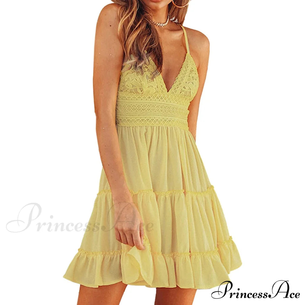 Womens V-Neck Spaghetti Strap Bowknot Backless Sleeveless Lace Mini Swing Skater Dress Yellow __stock:200 casual dresses clothes dresses refund_fee:1200