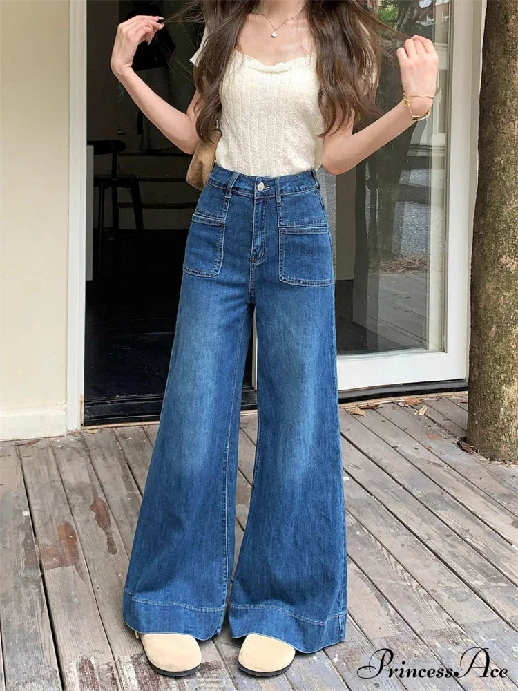 Women’s Vintage Style Micro Flared Street Girl Bottoms High Waisted Pant Female Fashion Blue