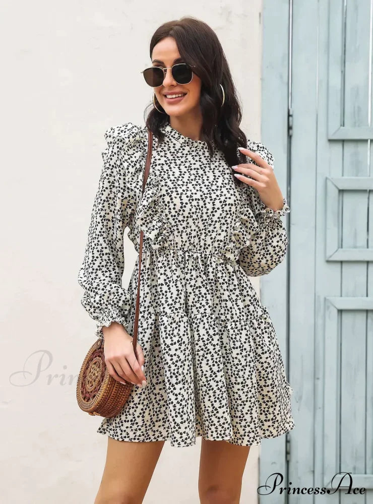 Wood Ear Collar Long Sleeve Printed Dress With Ruffled Detail S / Black Dresses