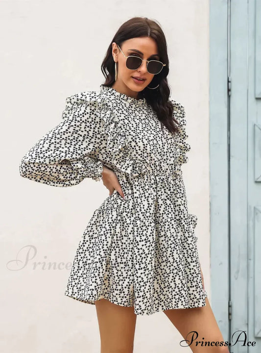 Wood Ear Collar Long Sleeve Printed Dress With Ruffled Detail S / White Dresses