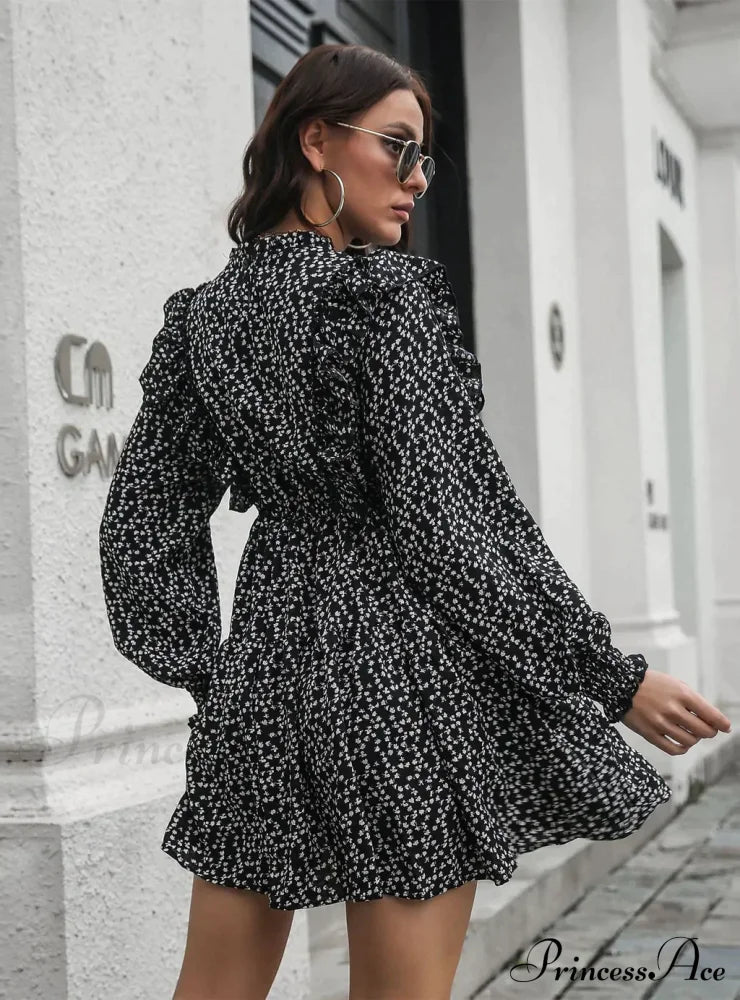 Wood Ear Collar Long Sleeve Printed Dress With Ruffled Detail Xl / Black Dresses