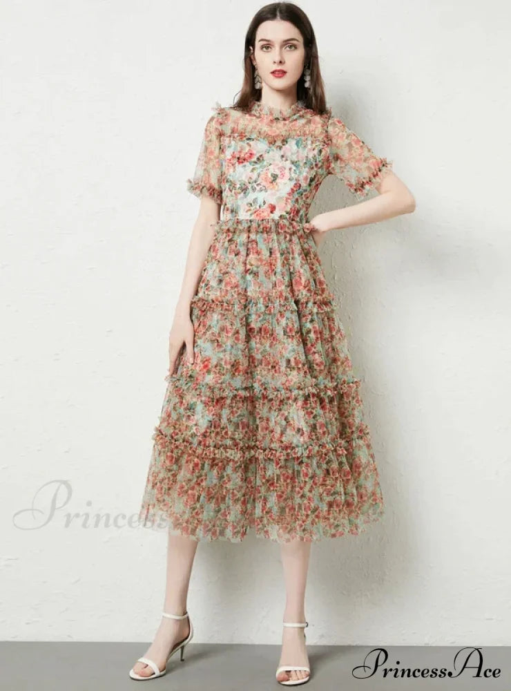 Wooden Ear Gauze Print Dress With Short Sleeves