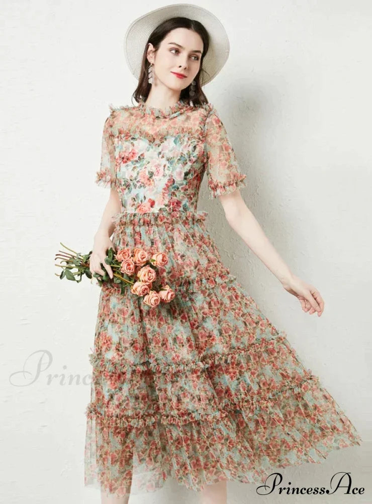 Wooden Ear Gauze Print Dress With Short Sleeves