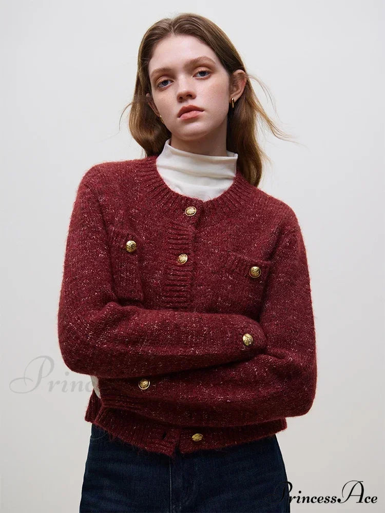 Wool Button Short Knitted Cardigan Maroon / S Cardigan-241208