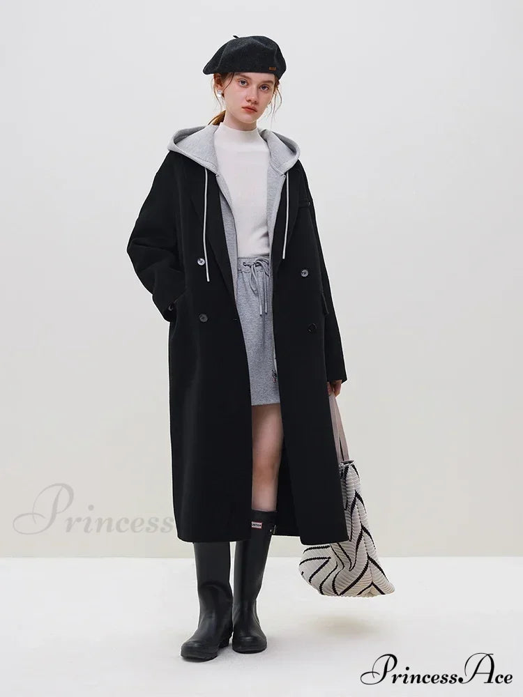 Wool Camel Hair Temperament Oatmeal Long Notched Collar Double Breasted Classic Chic Coat Black / S