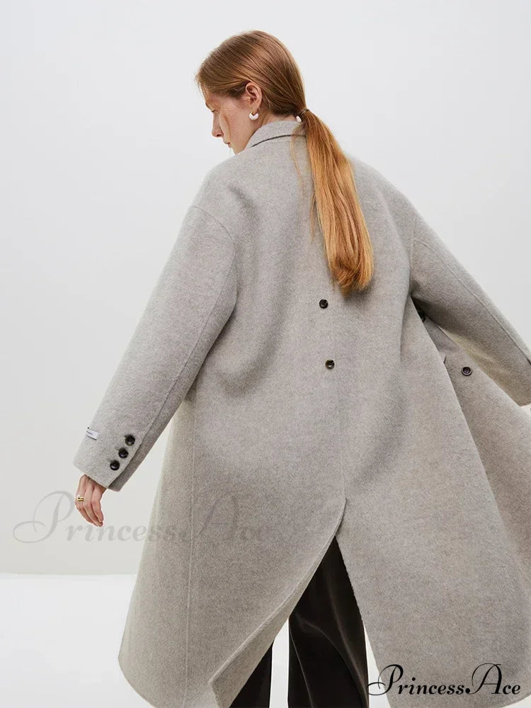 Wool Camel Hair Temperament Oatmeal Long Notched Collar Double Breasted Classic Chic Coat Coats-L