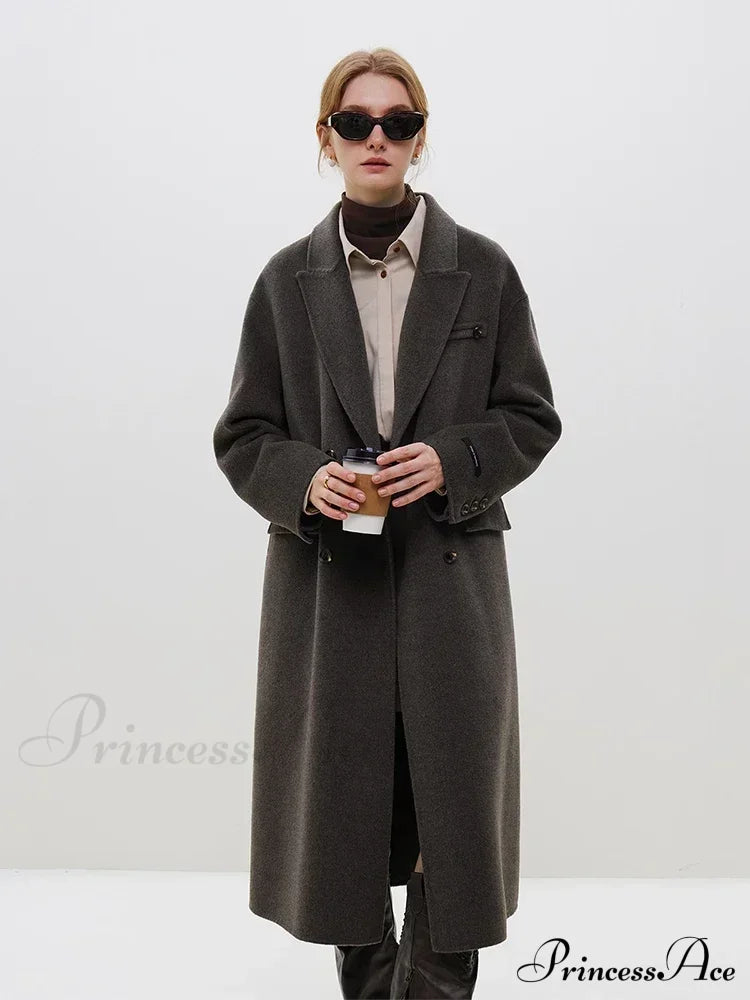 Wool Camel Hair Temperament Oatmeal Long Notched Collar Double Breasted Classic Chic Coat Coats-L