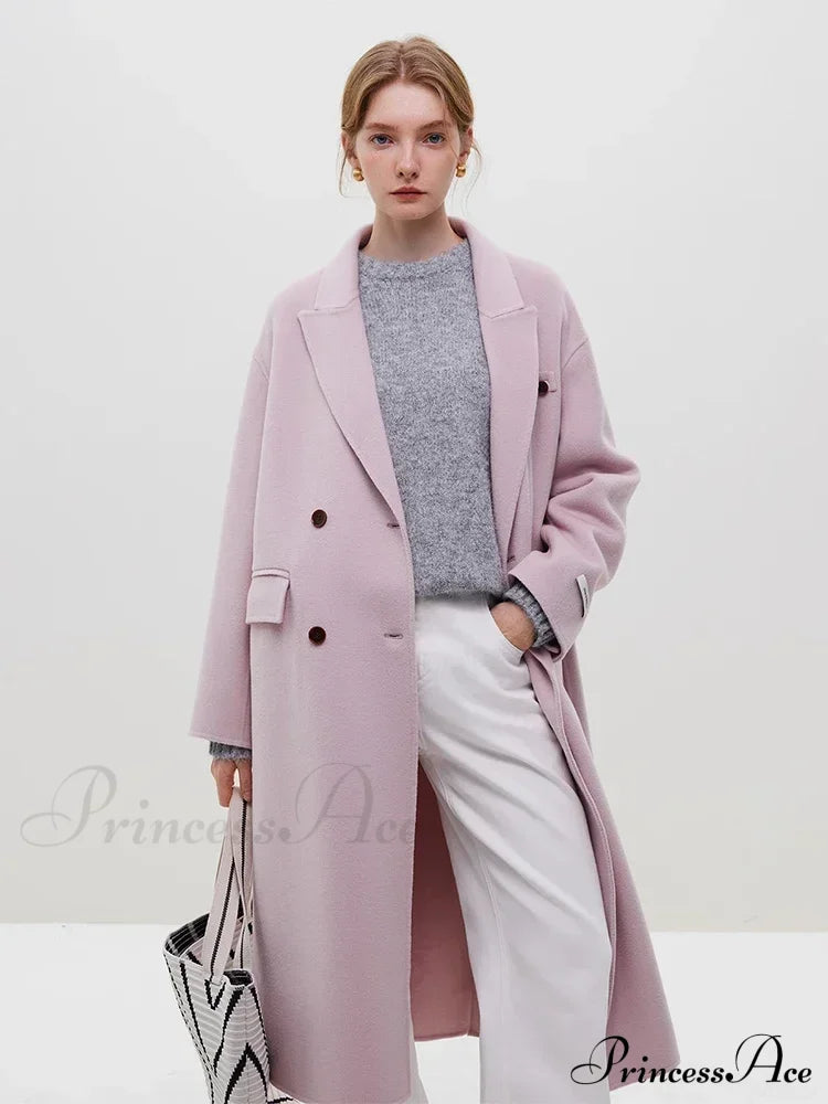 Wool Camel Hair Temperament Oatmeal Long Notched Collar Double Breasted Classic Chic Coat Coats-L