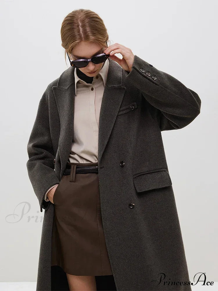 Wool Camel Hair Temperament Oatmeal Long Notched Collar Double Breasted Classic Chic Coat Dark