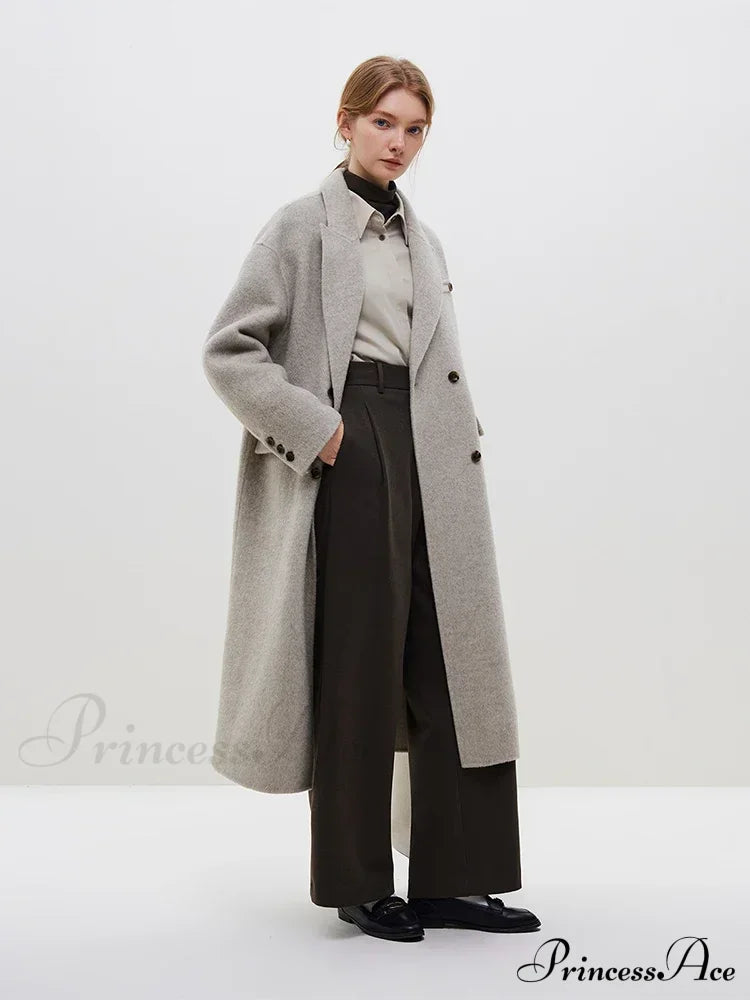 Wool Camel Hair Temperament Oatmeal Long Notched Collar Double Breasted Classic Chic Coat Gray / S