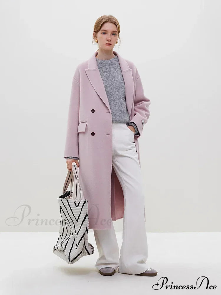 Wool Camel Hair Temperament Oatmeal Long Notched Collar Double Breasted Classic Chic Coat Pink / S