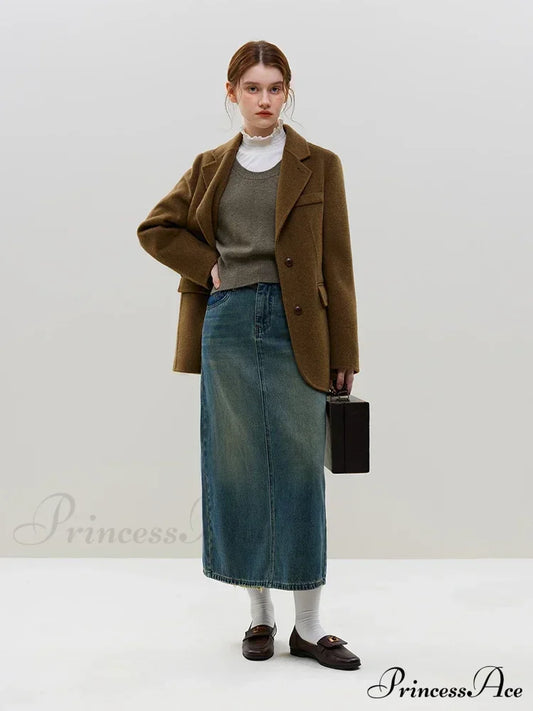 Wool Commuter Short Double-Sided Single-Breasted Two-Button Lady Simple Elegant Coat Brown Green /