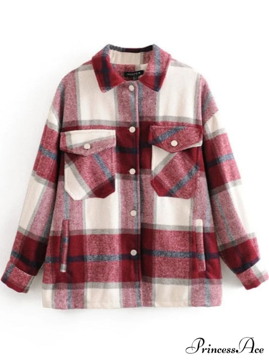 Wool Plaid Shirt Red Beige / L Tops & Blouses