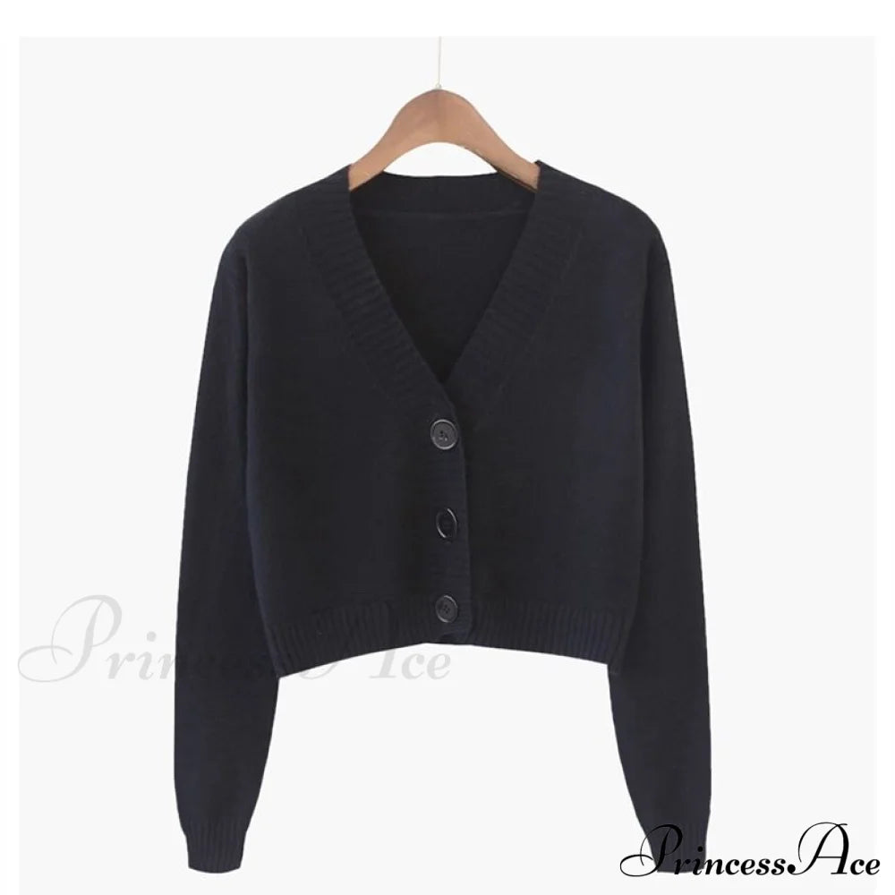 Wool Solid Girl Crop Top Cardigan Black / S