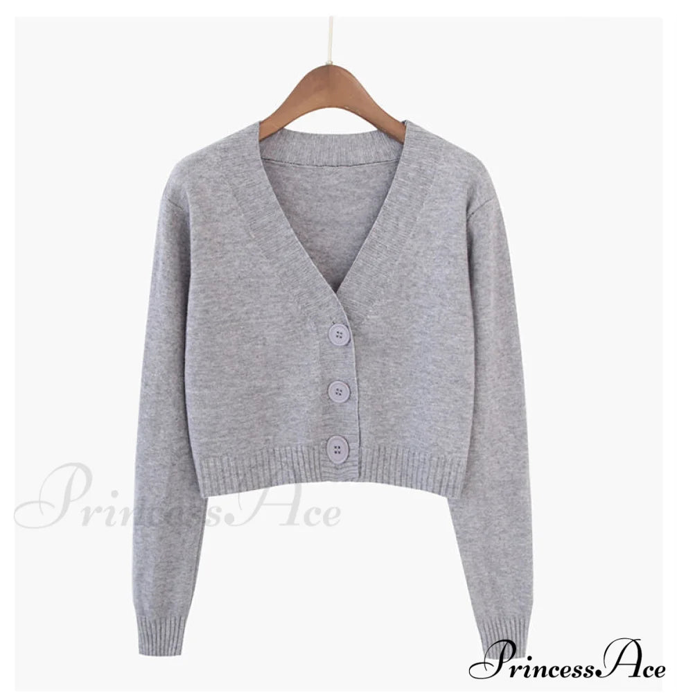 Wool Solid Girl Crop Top Cardigan Gray / S