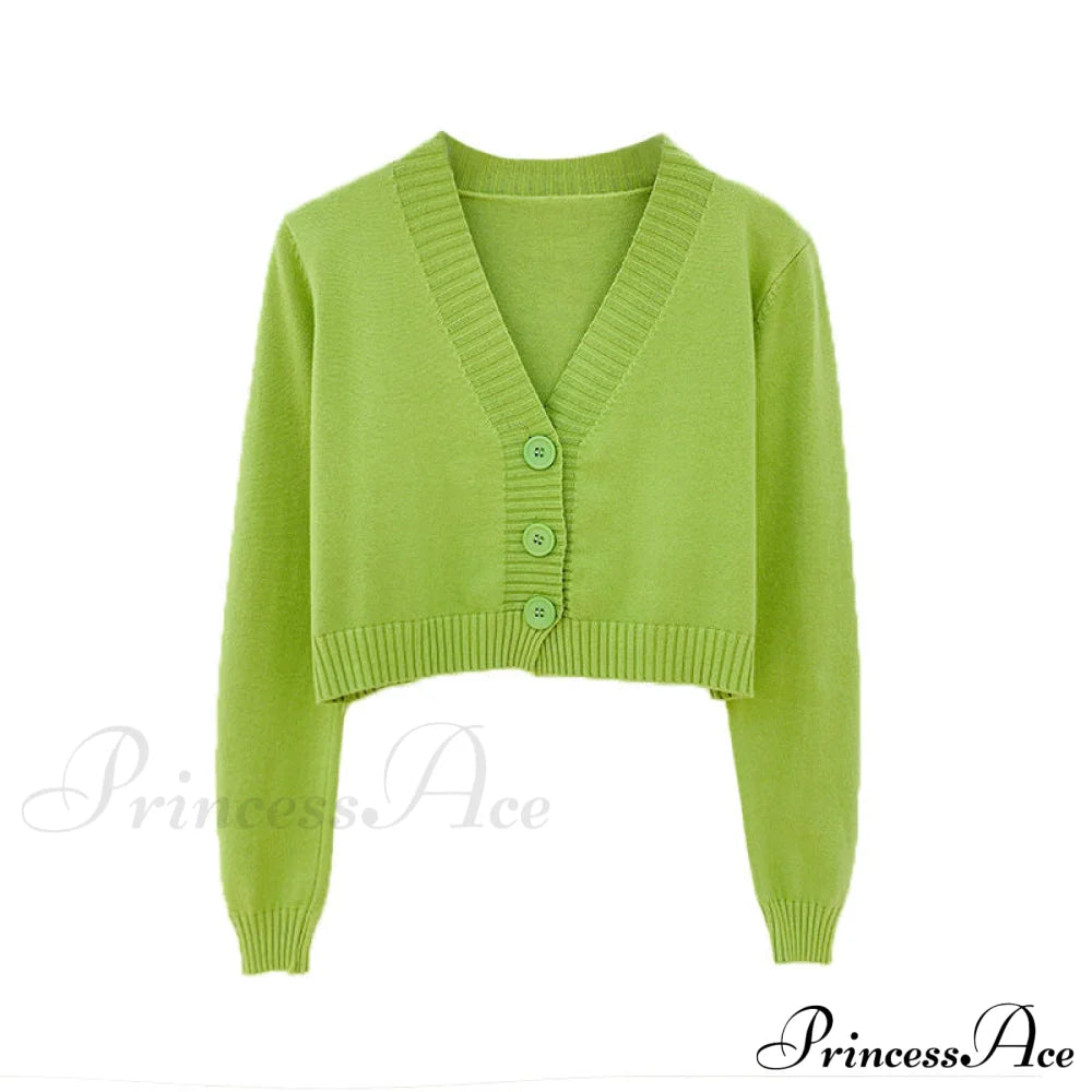 Wool Solid Girl Crop Top Cardigan Green / S