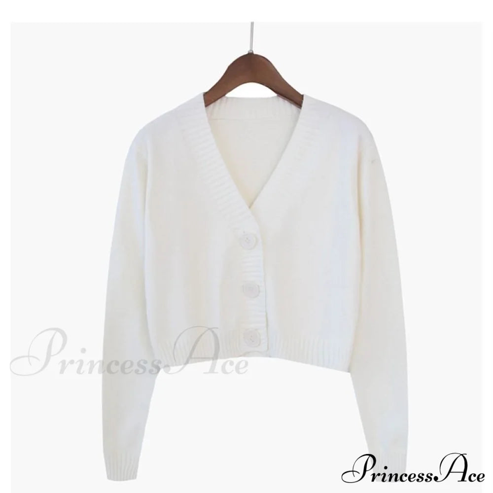 Wool Solid Girl Crop Top Cardigan White / S