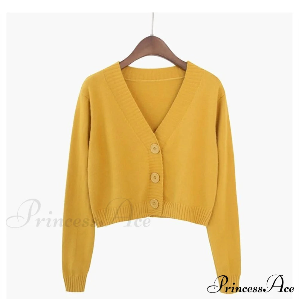 Wool Solid Girl Crop Top Cardigan Yellow / S