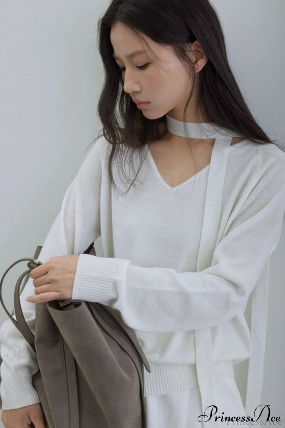 Wool V-Neck Oversized Long-Sleeve Knit Top