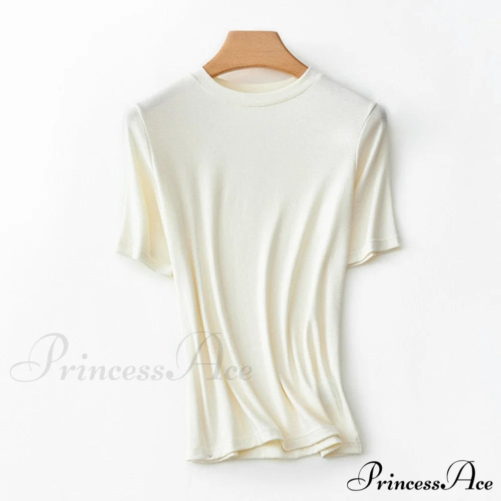 Wool Viscose Blend Short Sleeved Solid T Shirt Cream White O / L