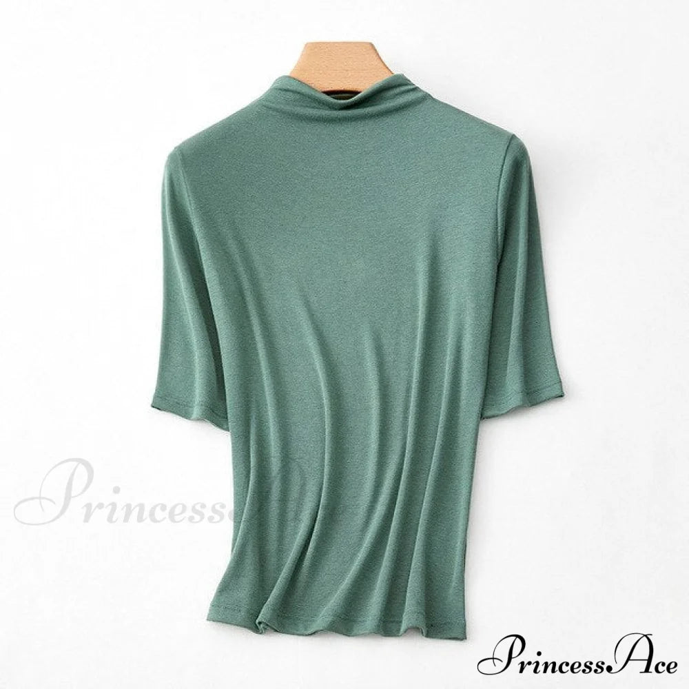 Wool Viscose Blend Short Sleeved Solid T Shirt Tea Green Mock / L