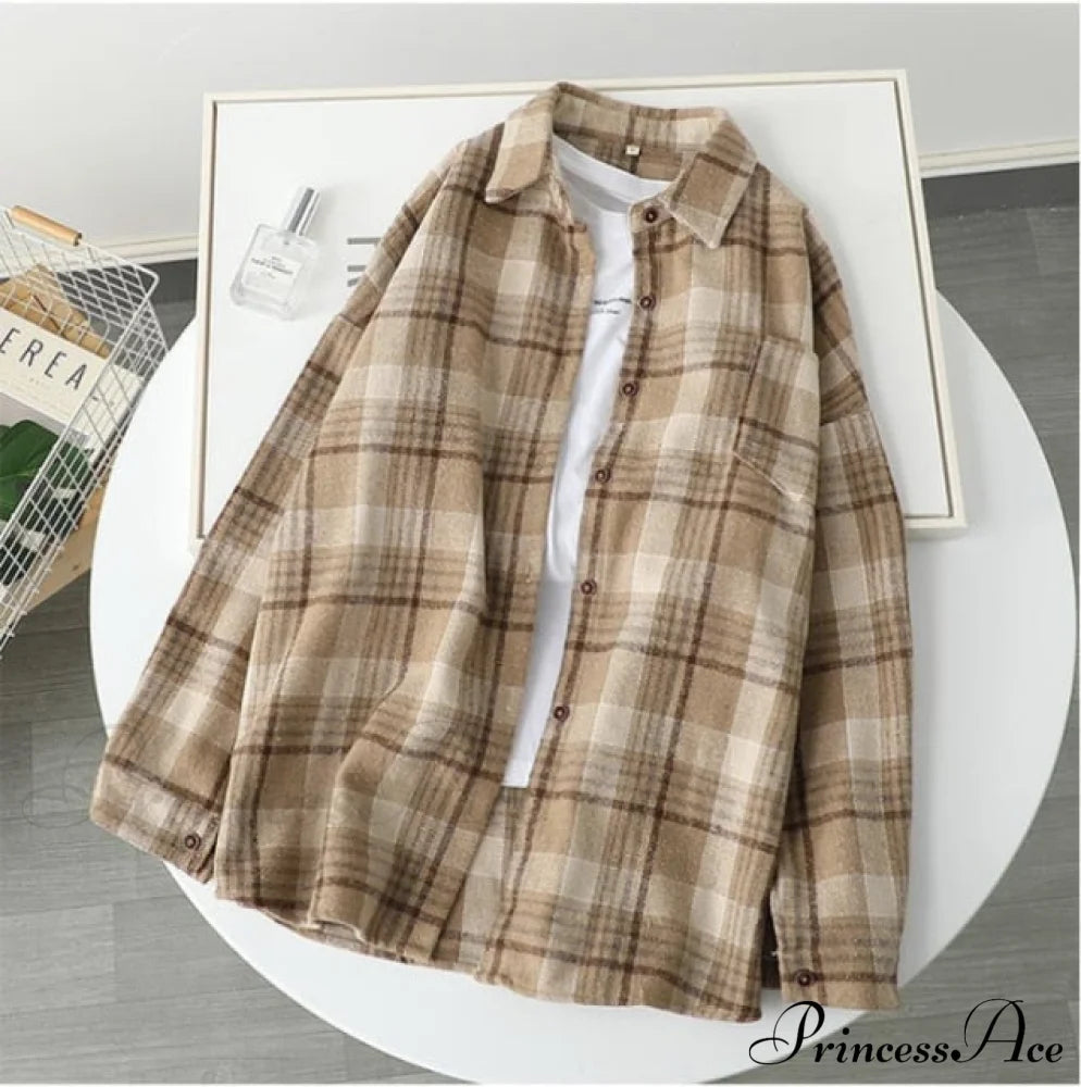 Woolen Blouse Women’s Ropa Arm Top Plaid Coat Long De Thickened Mujer S / Khaki