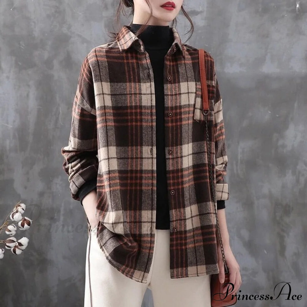 Woolen Blouse Women’s Ropa Arm Top Plaid Coat Long De Thickened Mujer Xl / 7