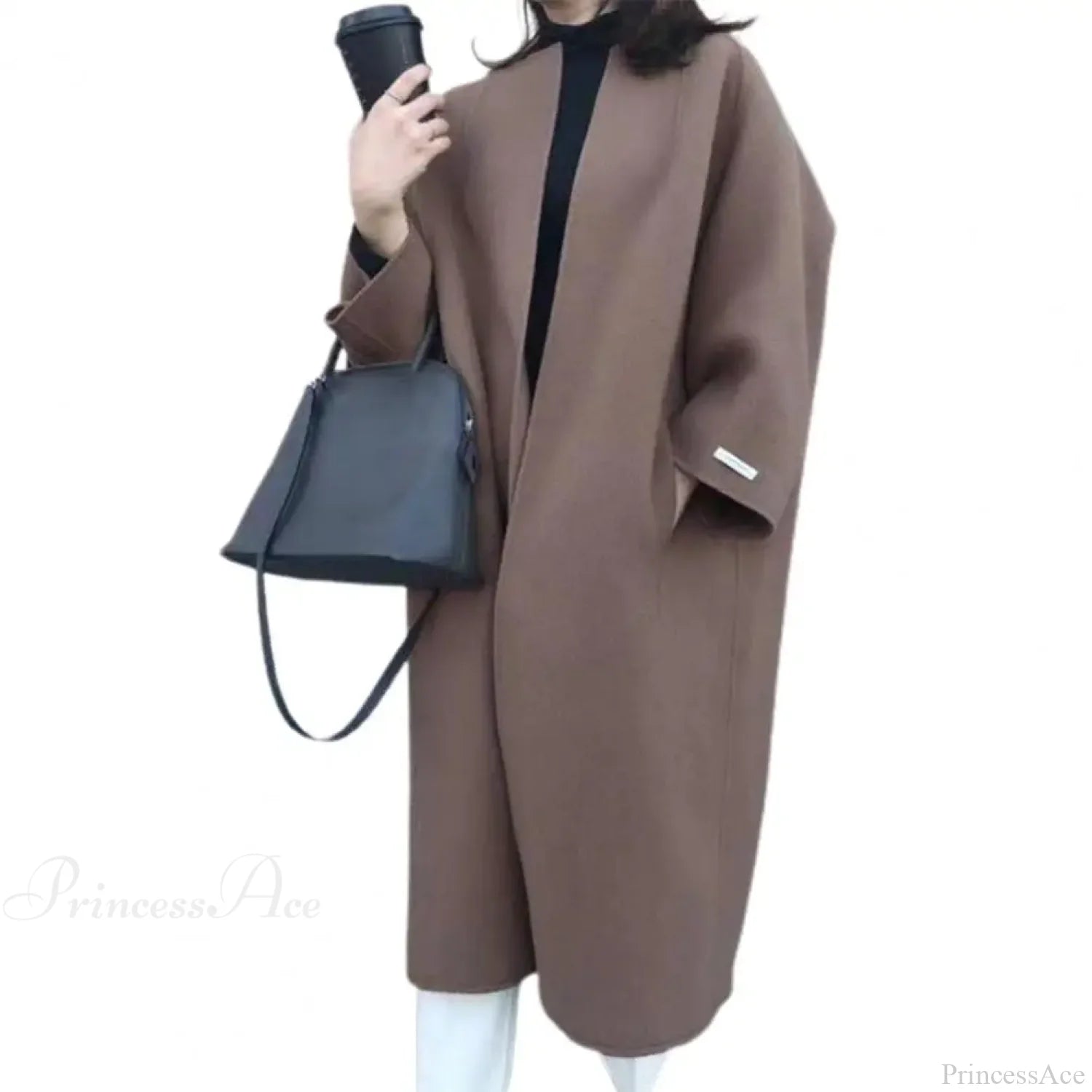 Woolen Cardigan Solid Color Long Overcoat Dark Coffee