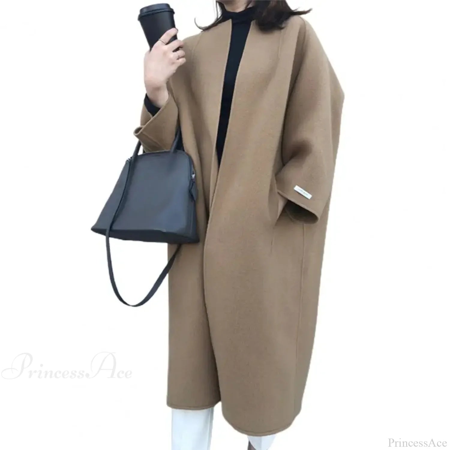 Woolen Cardigan Solid Color Long Overcoat Light Coffee