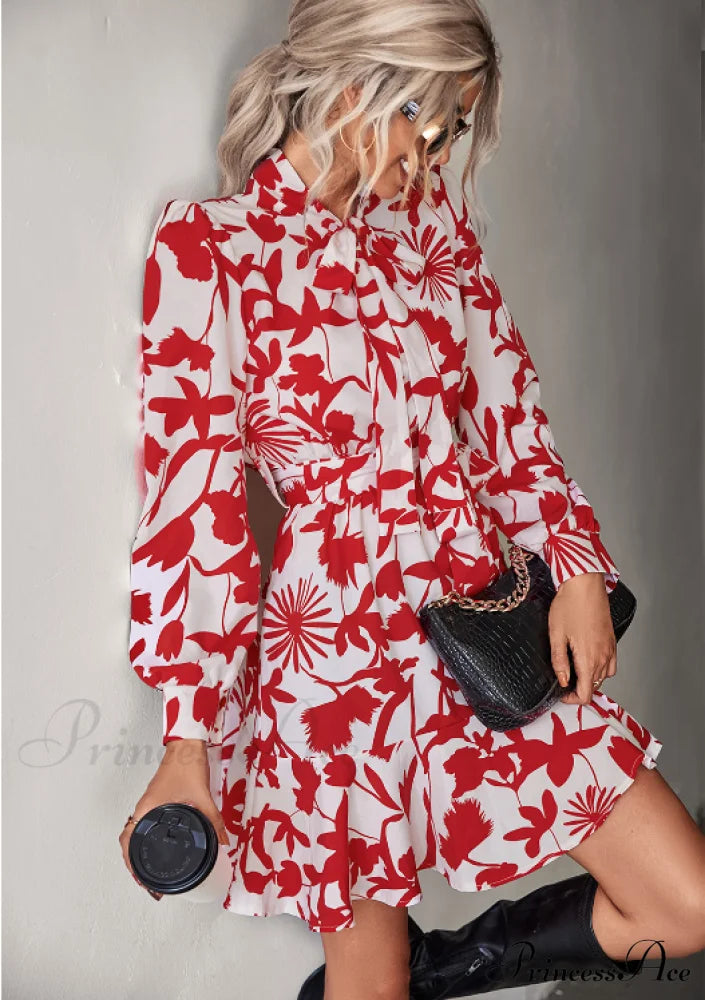 Woven Belt Waist Dress With Long Sleeves Xl / Red