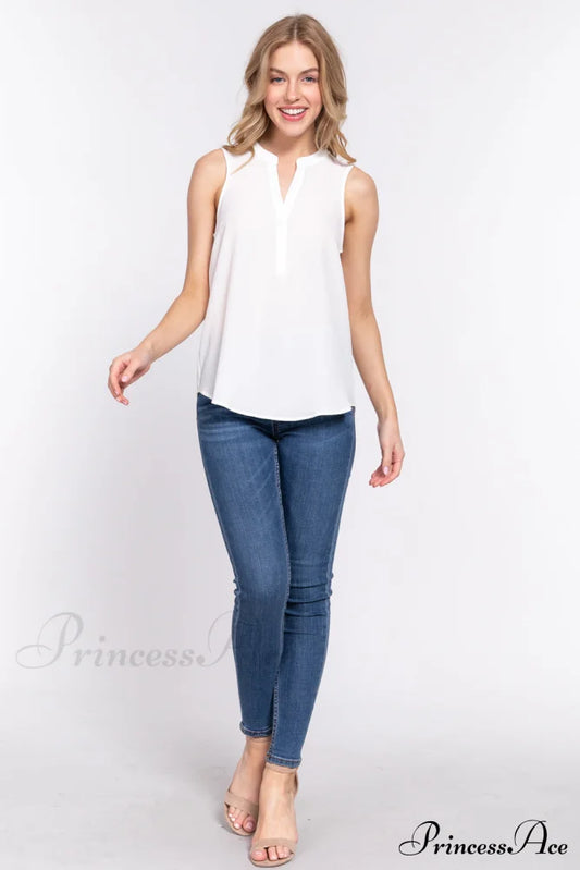 Woven Sleeveless Neck Henley Top