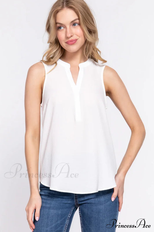 Woven Sleeveless Neck Henley Top