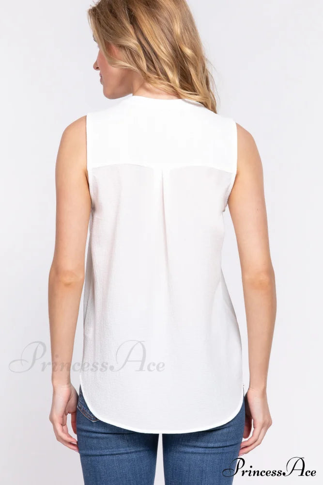 Woven Sleeveless Neck Henley Top