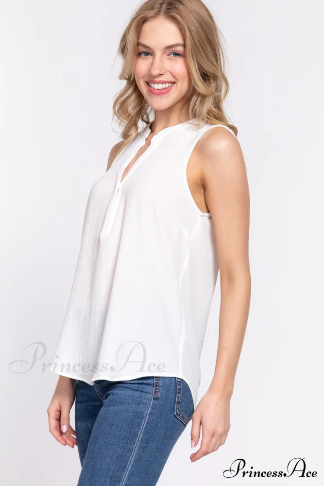 Woven Sleeveless Neck Henley Top