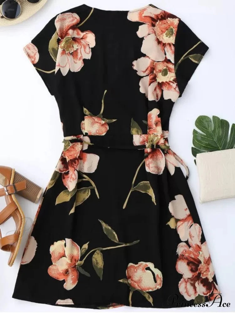 Wrap Arm Mini Flowered Cap Dress Dresses