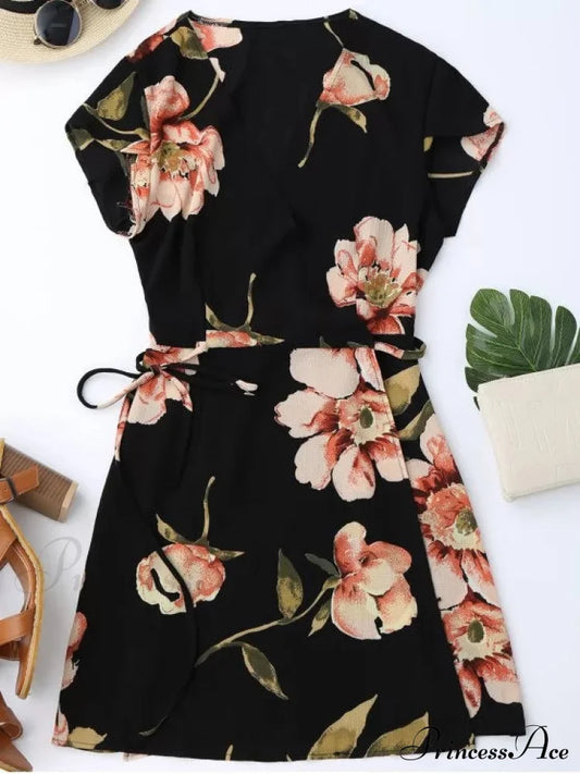 Wrap Arm Mini Flowered Cap Dress Dresses