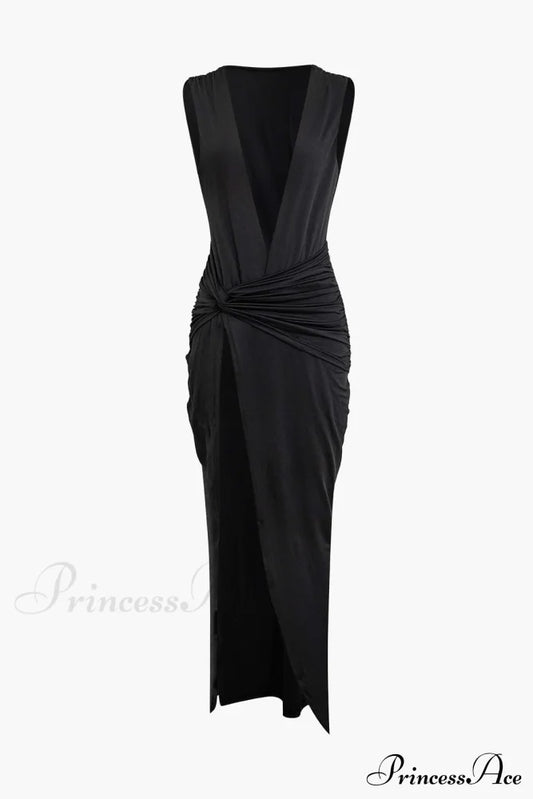 Wrap Ruched Slit Deep Graceful V-Neck Sleeveless Maxi Dress Black / S Dresses