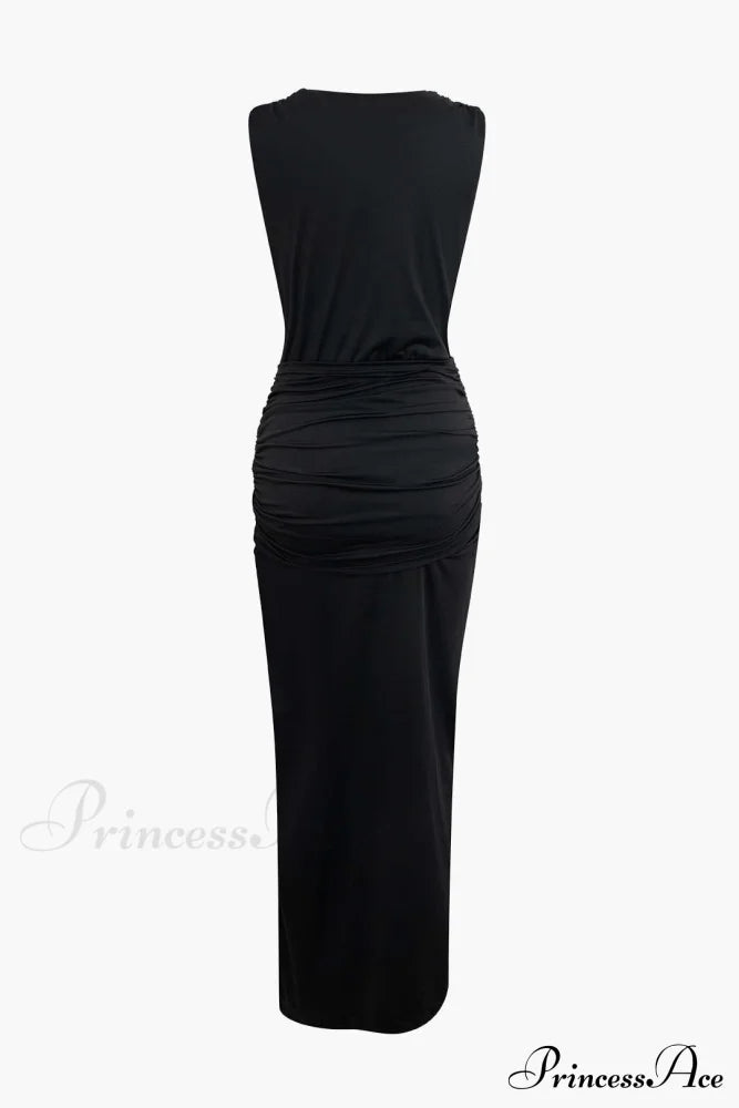 Wrap Ruched Slit Deep Graceful V-Neck Sleeveless Maxi Dress Dresses