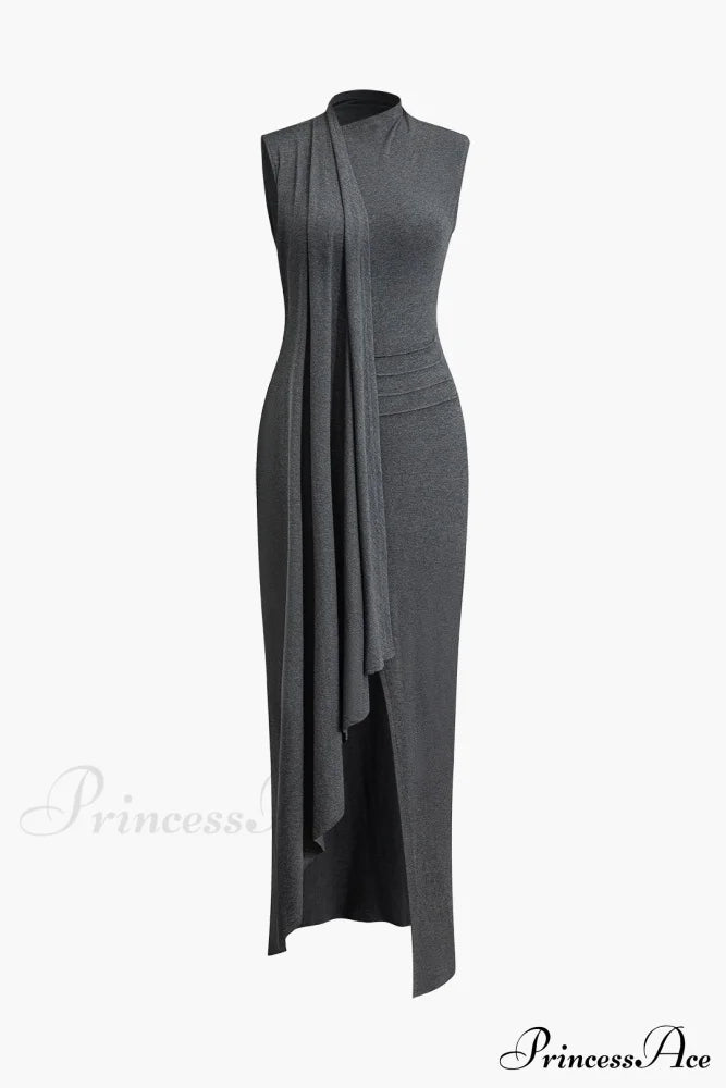 Wrap Slit Mock Charming Neck Sleeveless Maxi Dress Gray / Xs Dresses