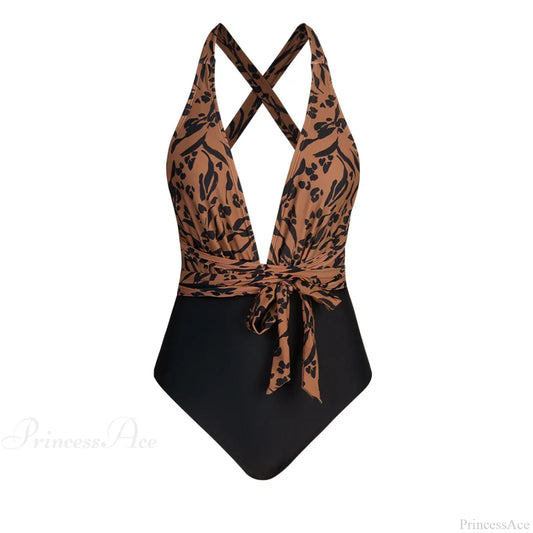 Wrap Tie Plunge Criss Cross One Piece Set khaki / XS