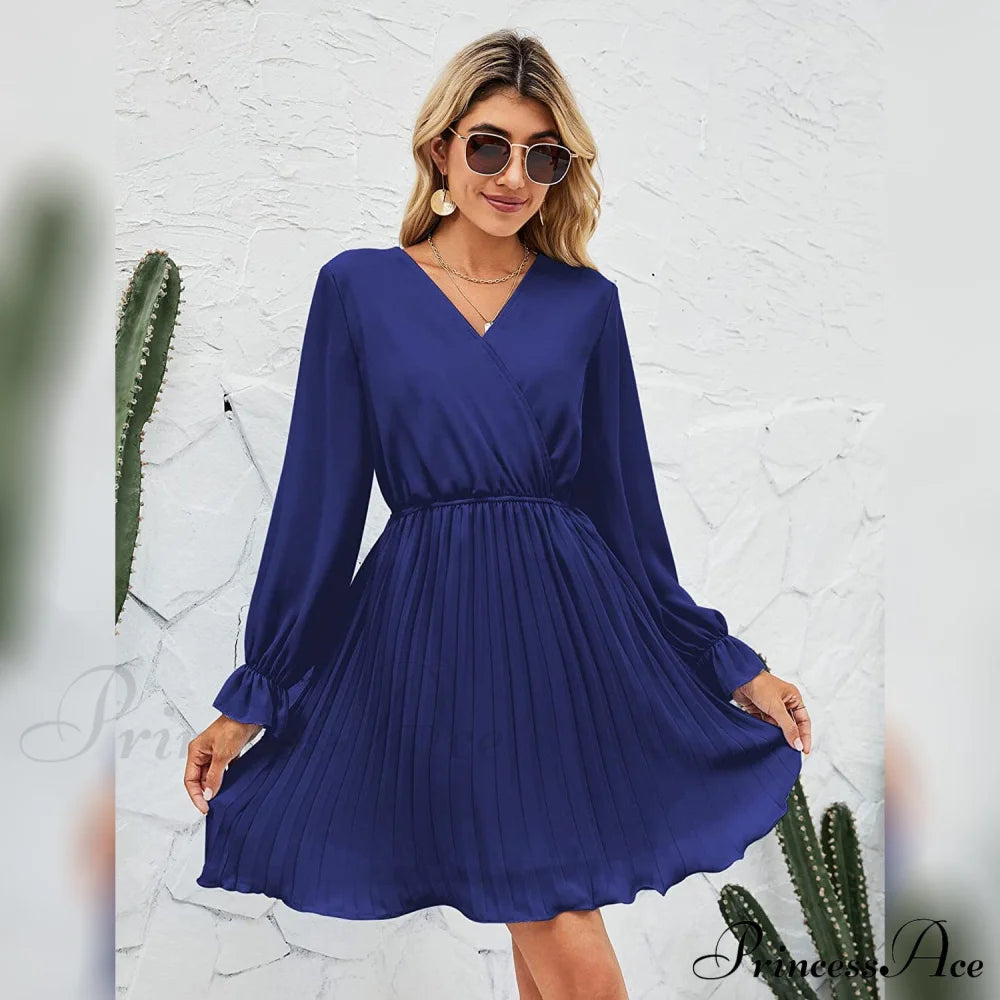 Wrap V Neck Pleated Long Sleeve Mini Dress For Women