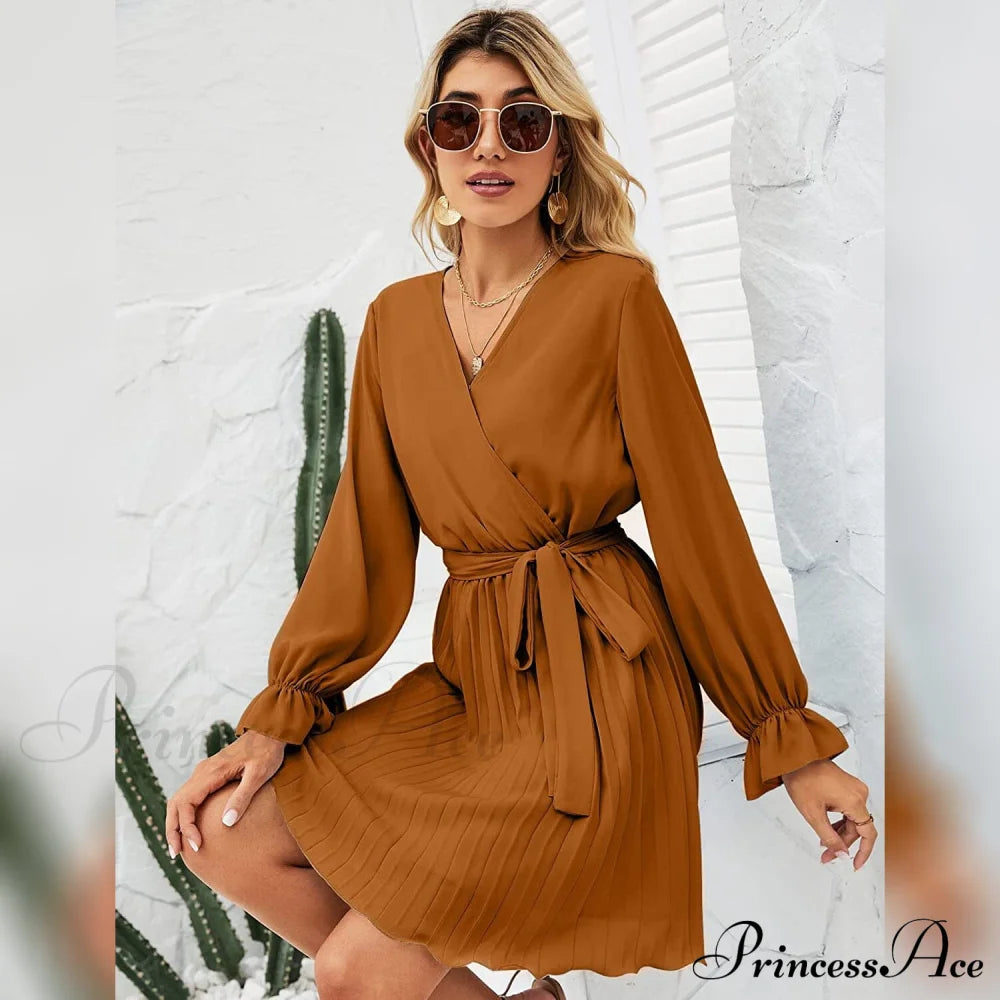 Wrap V Neck Pleated Long Sleeve Mini Dress For Women