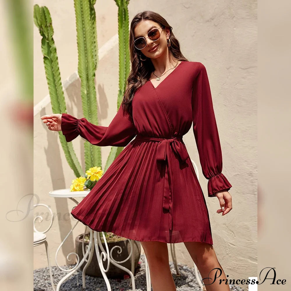 Wrap V Neck Pleated Long Sleeve Mini Dress For Women