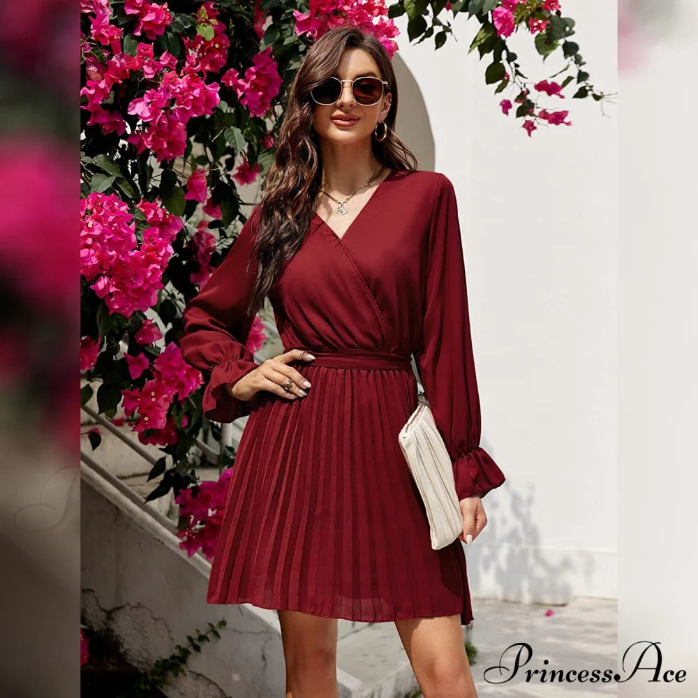 Wrap V Neck Pleated Long Sleeve Mini Dress For Women