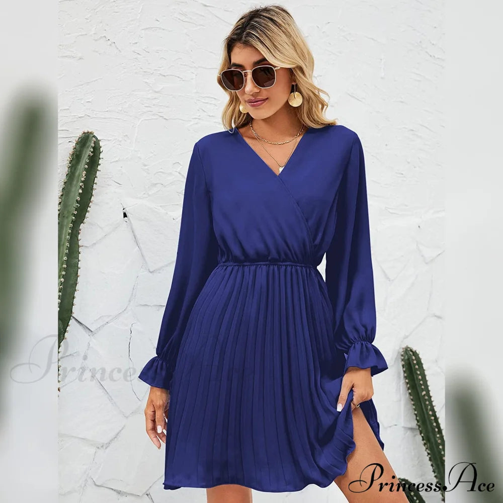 Wrap V Neck Pleated Long Sleeve Mini Dress For Women