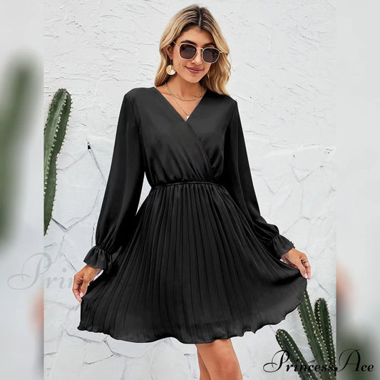 Wrap V Neck Pleated Long Sleeve Mini Dress For Women